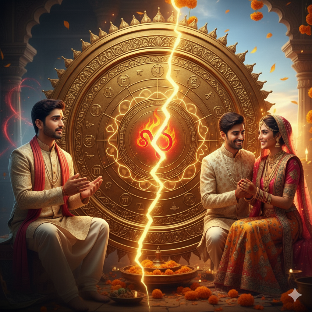 मांगलिक दोष और विवाह: एक ज्योतिषी द्वारा जन्म कुंडली में मंगल की स्थिति पर विचार करते हुए एक तरफ एक चिंतित व्यक्ति और दूसरी तरफ एक मुस्कुराता हुआ विवाहित जोड़ा, जिसके पीछे एक बड़ी सुनहरी ज्योतिषीय चक्र है, जिस पर ओम का चिन्ह और एक चमकती हुई दरार है जो ज्योतिषीय धारणाओं और प्रेम के बीच के संघर्ष को दर्शाती है।